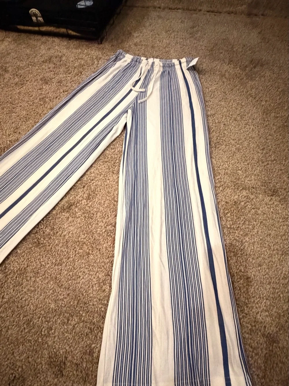 H&M Blue and White Striped Linen-Blend Pants